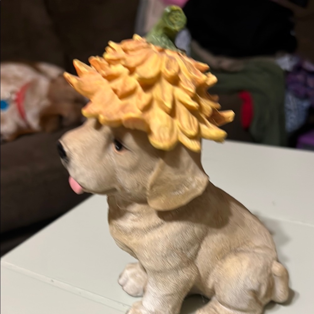 Adorable Tan Dog Figurine with Yellow Flower Hat